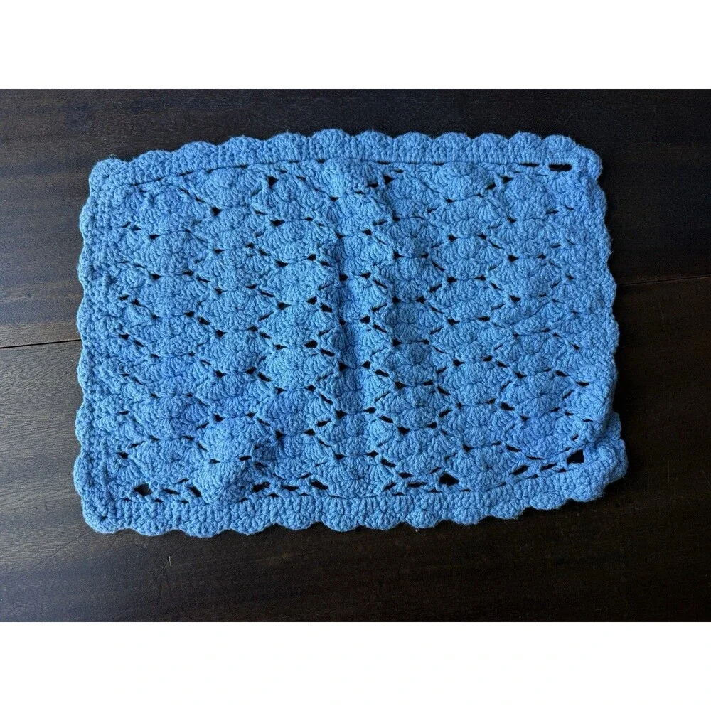 Set Of 8 Handmade Blue Crochet Placemats 17.5” X 11.5”